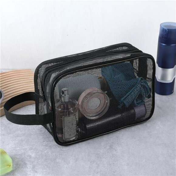 Black mesh shower caddy bag toiletry organizer quick dry for gym travel dorm cam - Picture 2 of 8